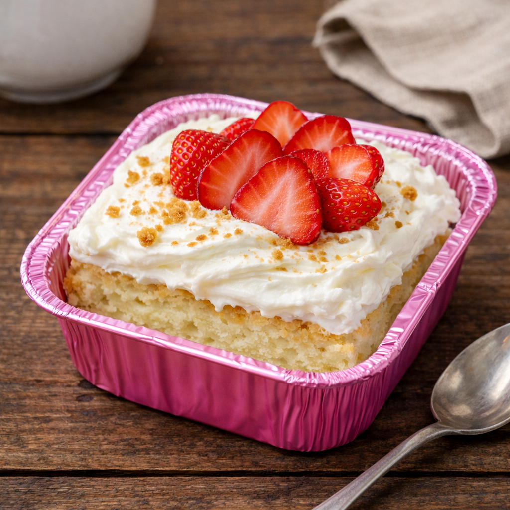 Small tres leches cake in foil container topped with whipped cream, cherry, sliced strawberry, and mint leaf