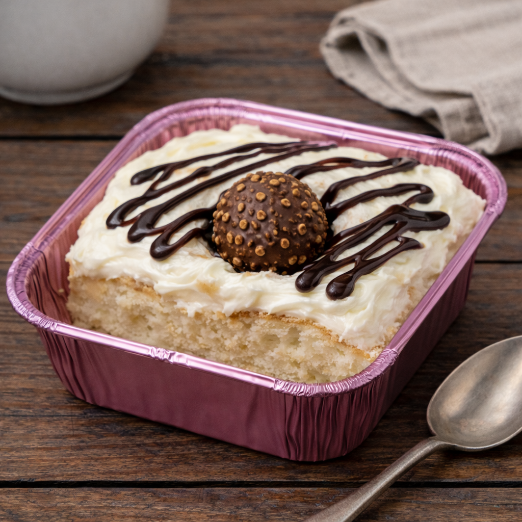 Individual Tres Leches Cake Dessert Small tres leches cake in foil container topped with whipped cream, cherry, sliced strawberry, and mint leaf