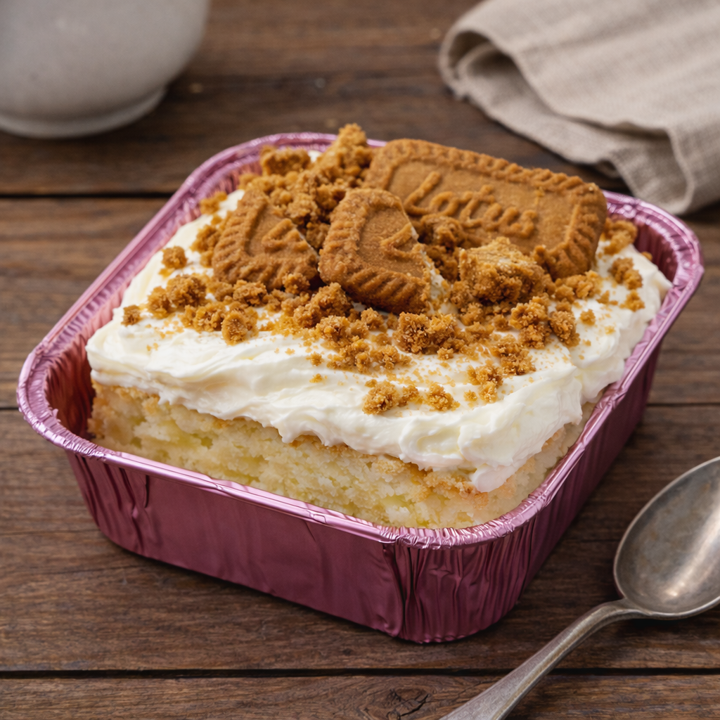 Individual Tres Leches Cake Dessert Small tres leches cake in foil container topped with whipped cream, cherry, sliced strawberry, and mint leaf