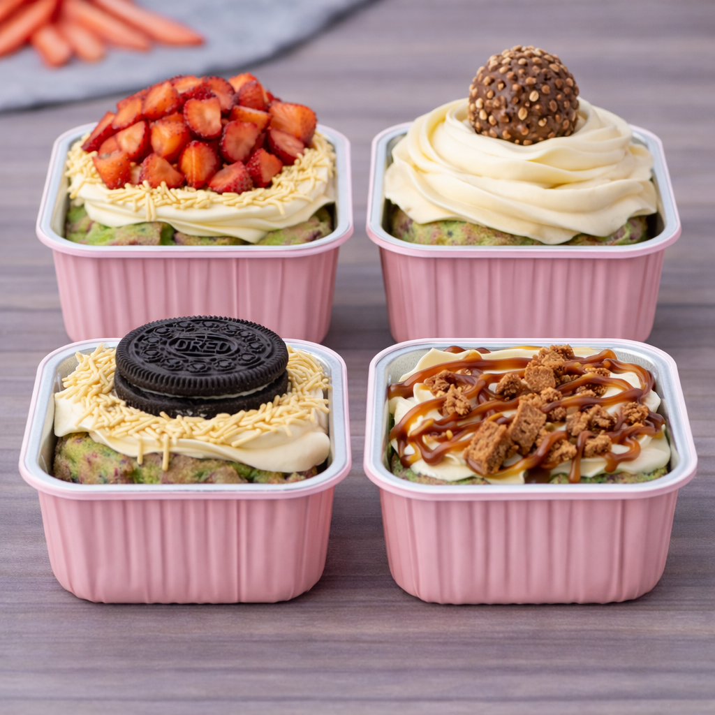 Four cupcakes with various frostings and toppings in pink foil wrappers on a wooden surface